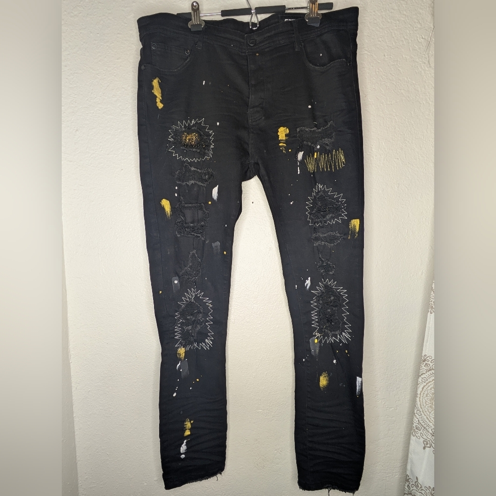 GFTD LA Los Angeles Black Jeans Men's 40x45 Distressed Paint Splatter Rhinestone